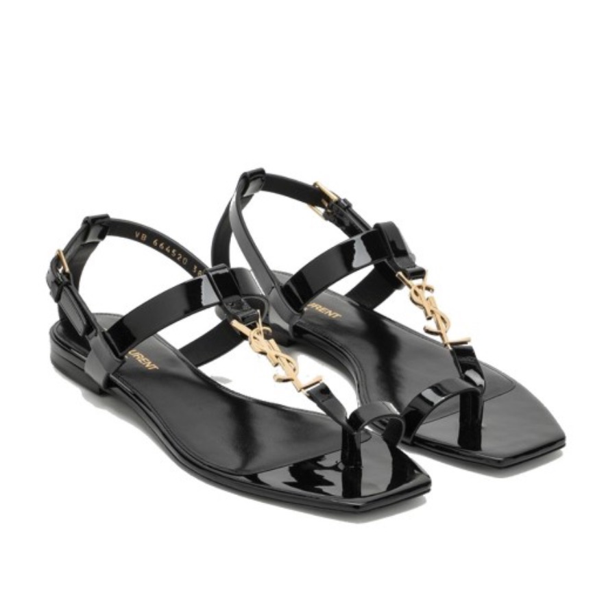 Saint Laurent Cassandra Flats Black Patent Leather Sandals Size 41